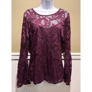 INC Women's Lace Top Sheer Bell Sleeve Purple Burgundy Size M Boho Romantic